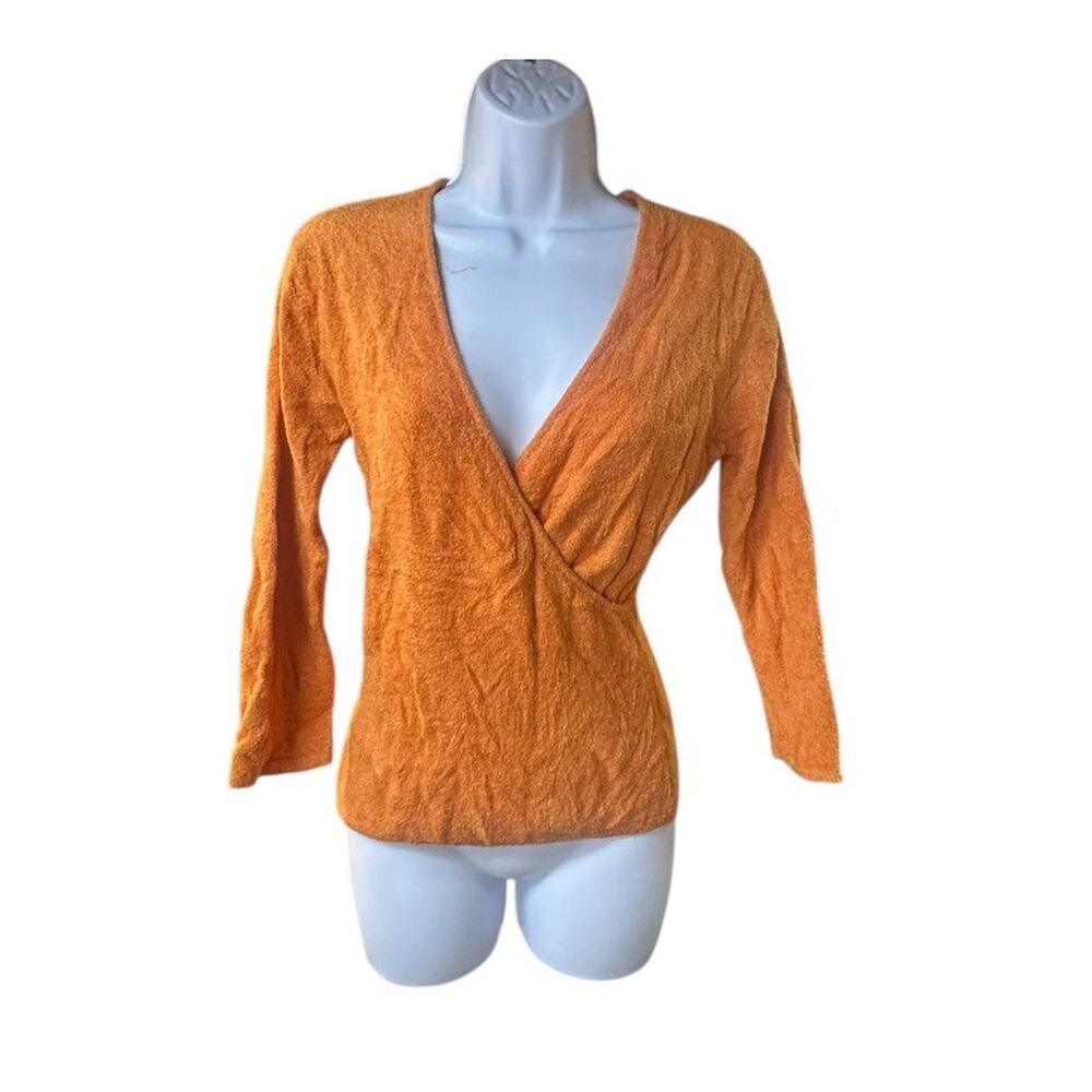 Cache Terry Cloth Wrap Top Deep V Neck Long Sleeve Orange Textured Y2K L READ